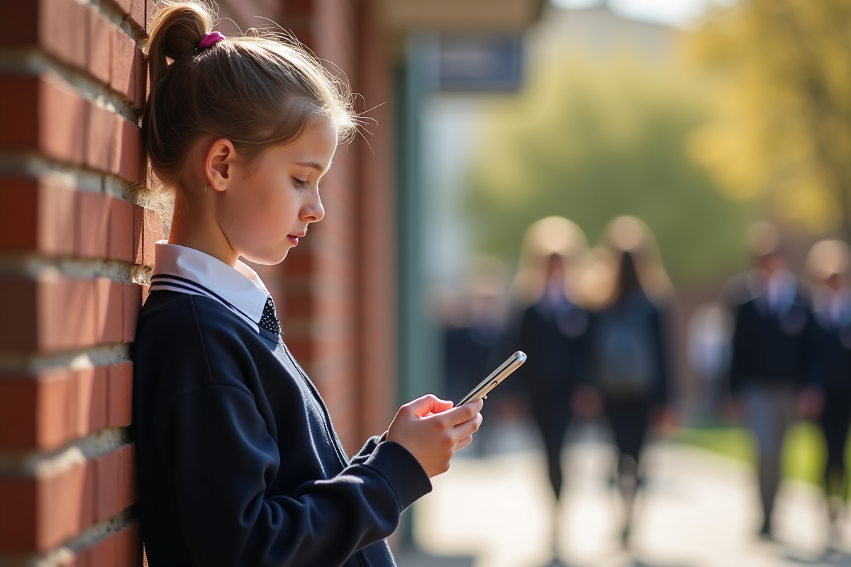 Jeune lycéen en uniforme regardant son smartphone dehors