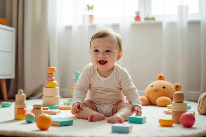 Bébé de 8 mois assis entouré de divers jeux d'éveil colorés sur un tapis de jeu dans une chambre moderne et lumineuse