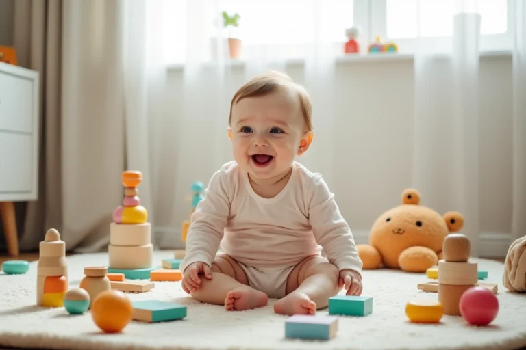 Bébé de 8 mois assis entouré de divers jeux d'éveil colorés sur un tapis de jeu dans une chambre moderne et lumineuse