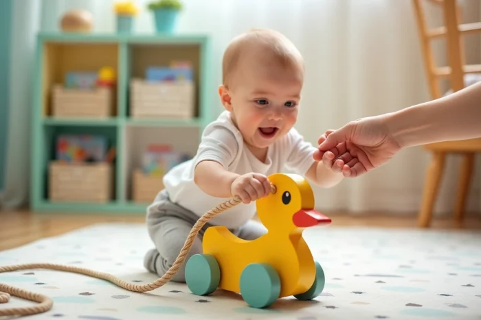 Bébé de 8 mois tendant les bras vers un jouet en bois à tirer sur roulettes en forme de canard coloré