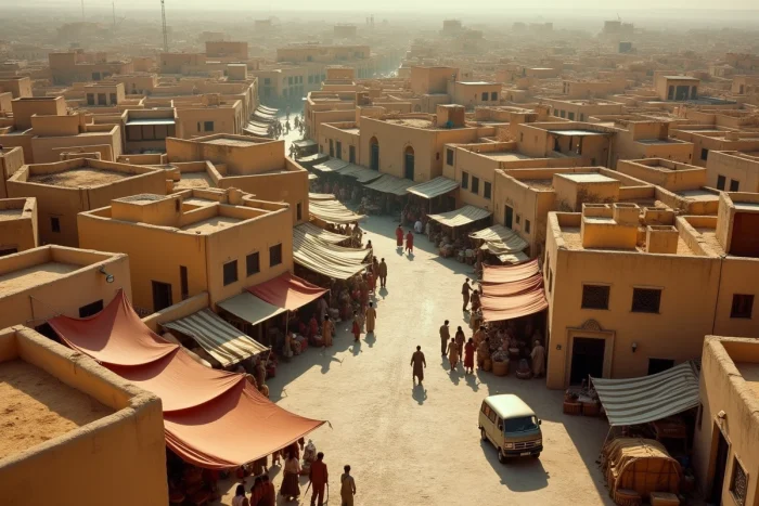 Vue aérienne d'un quartier utilisé comme lieu de tournage pour la série Homeland saison 8, avec décors authentiques