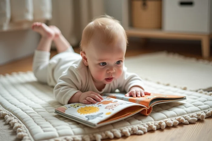 Bébé de 8 mois allongé sur le ventre feuilletant un livre en tissu coloré avec volets sur un tapis d'éveil