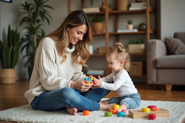 Femme et enfant jouant dans un salon chaleureux