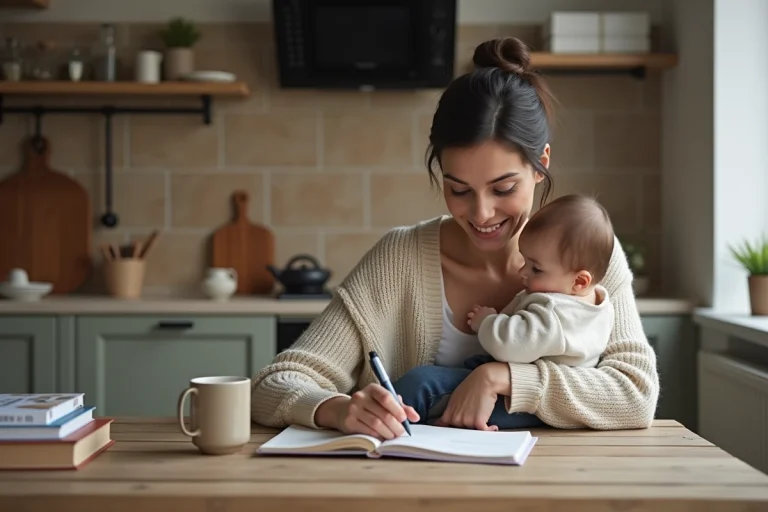 Jeune maman avec bébé en main et notes dans la cuisine