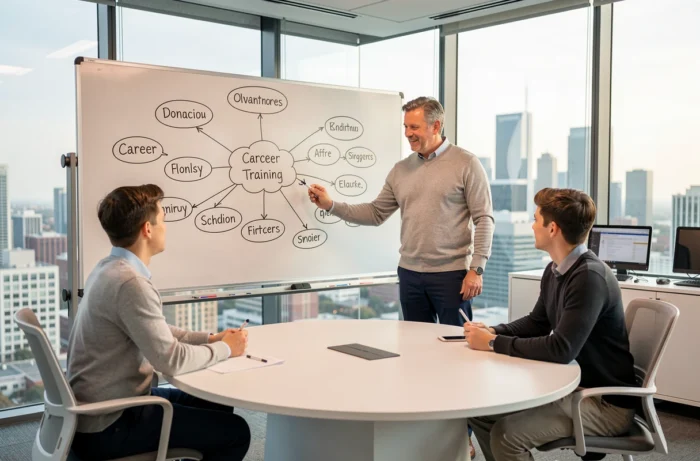 Manager d'entreprise présentant des options de formation professionnelle à des collègues dans une salle de réunion moderne