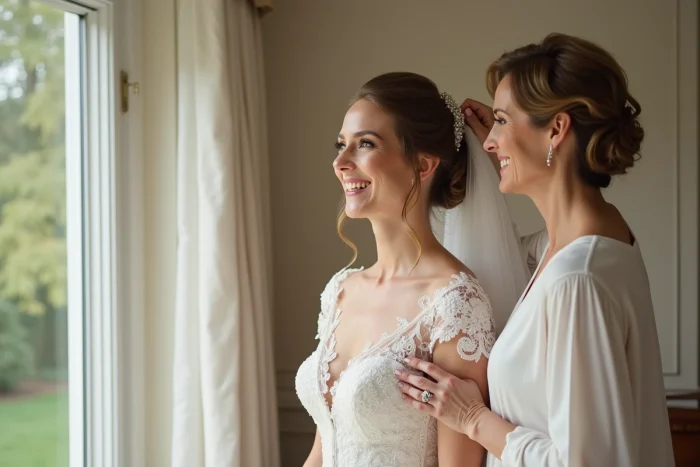 Jeune mariée en robe de dentelle avec sa mère dans une suite lumineuse