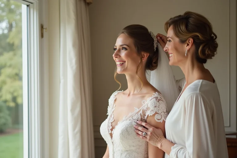 Jeune mariée en robe de dentelle avec sa mère dans une suite lumineuse