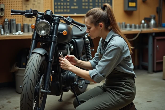 Mécanicienne inspectant et montant un clignotant avant sur un cadre de moto dans un atelier