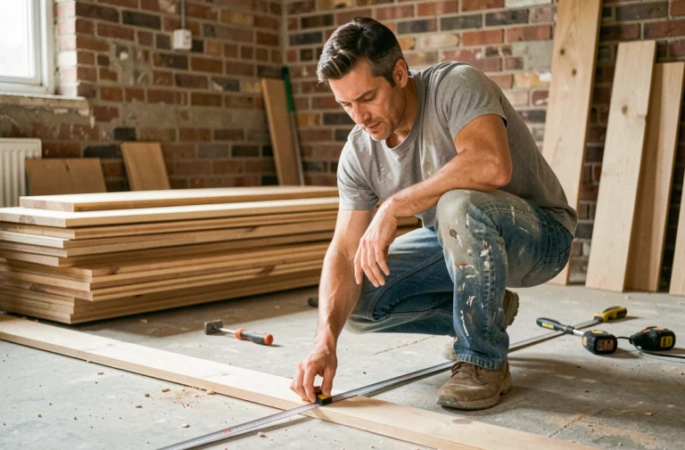 Homme mesurant un parquet en bois dans une pièce en cours de rénovation avec des outils et matériaux autour de lui