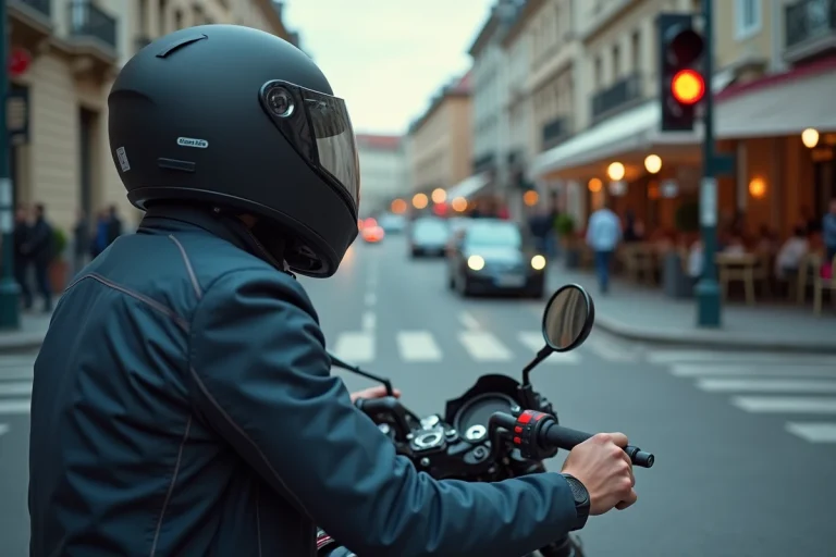 Motard en veste textile appuyant sur le clignotant à un feu rouge en ville