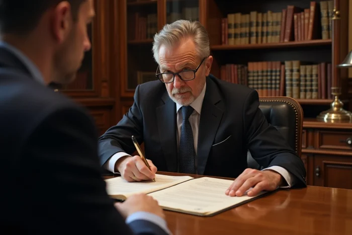 Notaire expliquant les critères légaux d'une résidence principale à un client dans un bureau notarial traditionnel