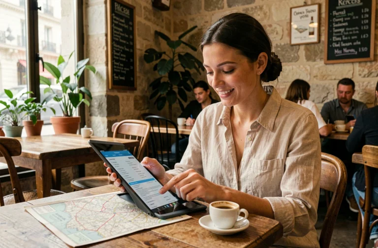 Femme organisant son voyage dans un café parisien avec une tablette et une carte papier