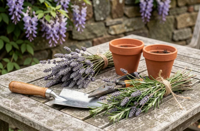 Gros plan sur des outils de jardinage et des plantes aromatiques séchées disposés sur une table en teck dans un jardin de cottage