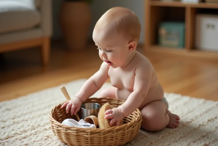 Bébé de 8 mois explorant un panier en osier rempli d'objets du quotidien comme une cuillère en bois et un tissu