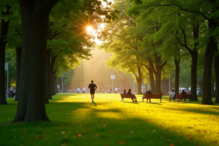 Parc urbain en heure dorée avec joggeurs et lecteurs