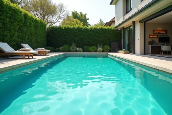 Piscine au magnésium extérieure avec eau turquoise dans un jardin résidentiel moderne
