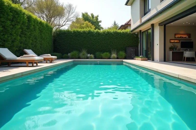 Piscine au magnésium extérieure avec eau turquoise dans un jardin résidentiel moderne