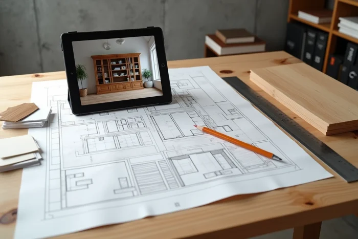Plans techniques et échantillons de bois pour la conception d'une bibliothèque murale sur mesure