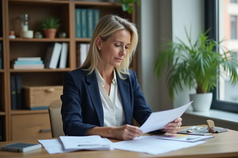 Professionnelle indépendante travaillant sur son ordinateur portable dans un bureau à domicile organisé