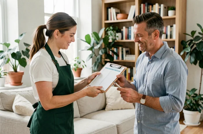 Professionnelle de ménage remettant une fiche de contrôle à un client satisfait dans un salon ordonné, symbole de transparence et de confiance