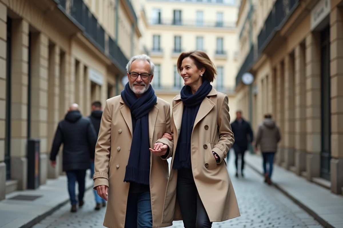 Femme élégante marchant avec son mari dans une rue parisienne