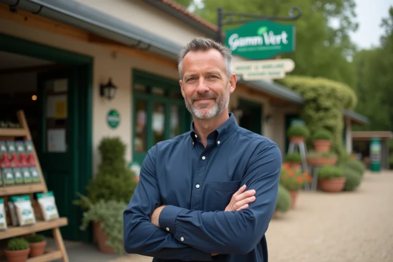 Dirigeant devant une enseigne Gamm Vert représentant le rachat de la franchise et ses nouvelles ambitions