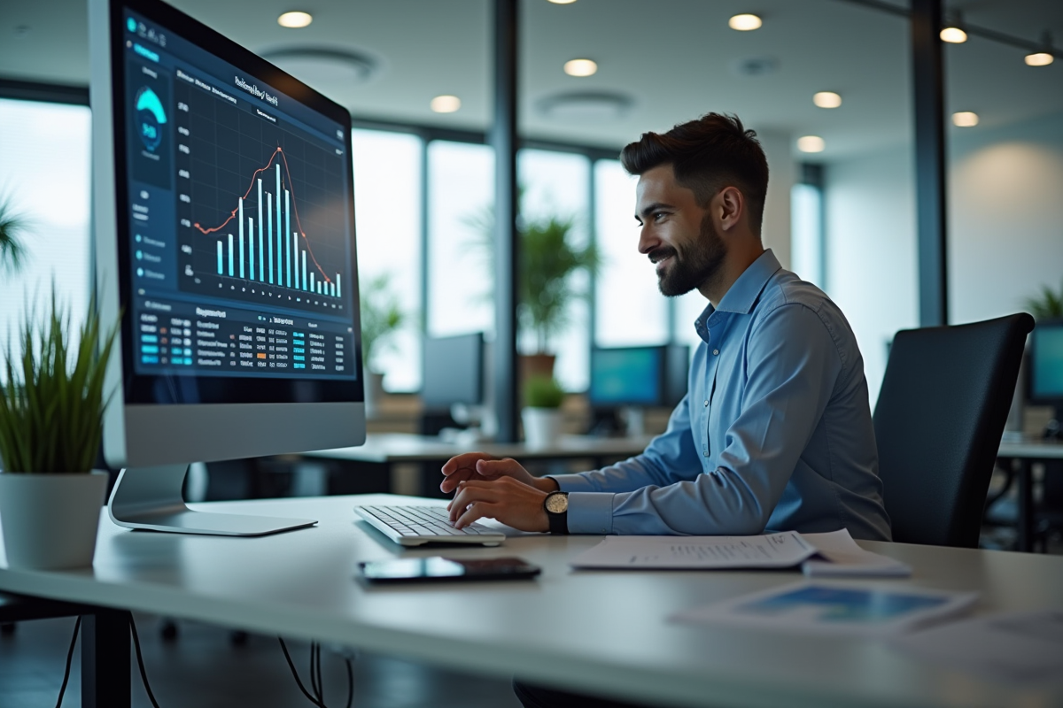 Responsable RH analysant des données de recrutement sur un grand écran dans un espace de travail ouvert