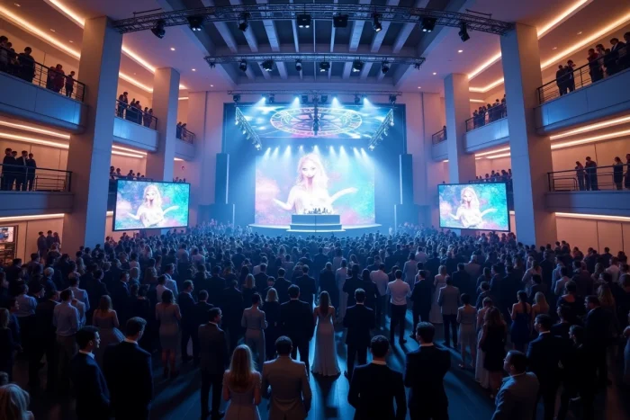 Salle de soirée privée avec scène DJ et foule élégante en tenue de soirée