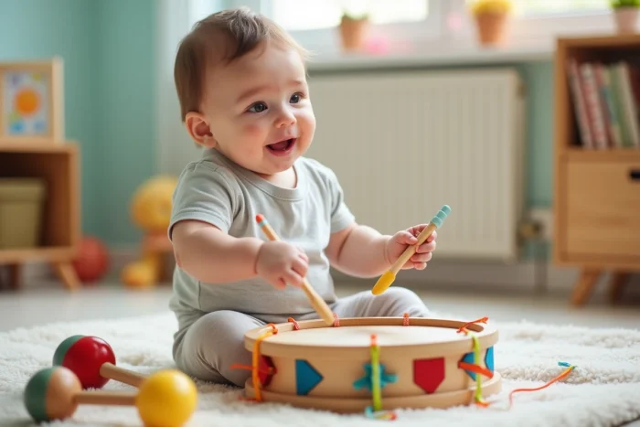 Bébé de 8 mois tapant sur un petit tambourin en bois coloré avec des rubans, expression de surprise joyeuse