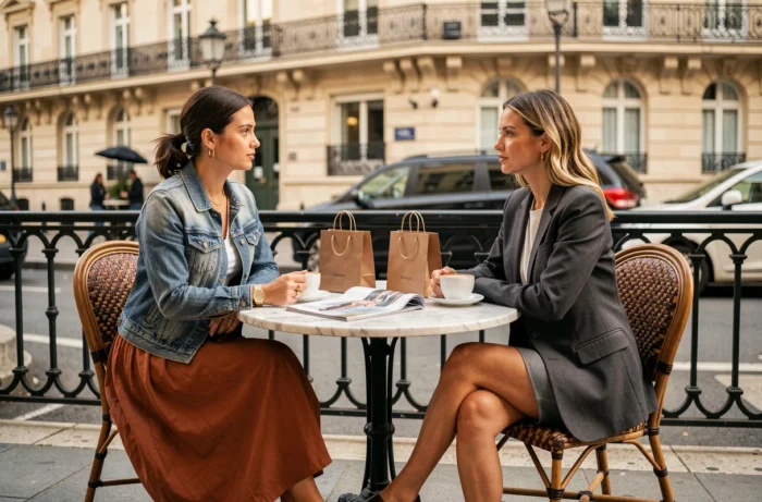 Deux femmes partageant un café en terrasse parisienne arborant des looks tendance de la saison avec jupe midi et ensemble monochrome