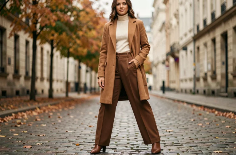 Femme élégante en manteau camel et pantalon large portant les tendances mode automne-hiver dans une rue pavée européenne
