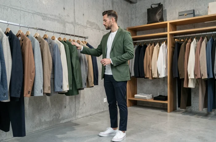 Homme stylé en blazer vert sapin et chino marine découvrant les nouvelles tendances mode dans une boutique minimaliste