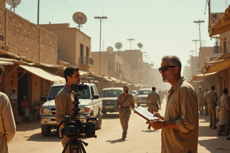 Équipe de tournage installant des caméras dans une rue urbaine au décor du Moyen-Orient pour la saison 8 de Homeland