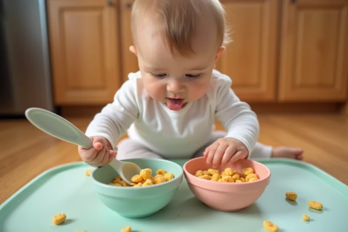 Bébé de 8 mois transvasant des bouchées alimentaires entre deux bols colorés avec une cuillère en silicone