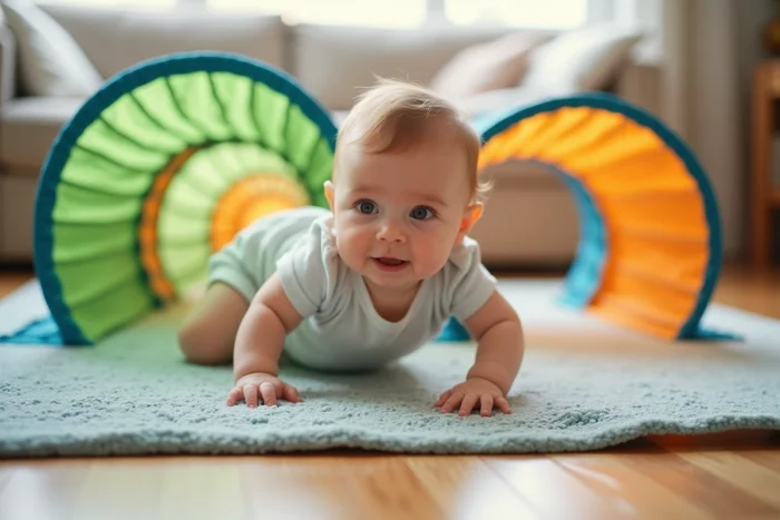 Bébé de 8 mois rampant à travers un tunnel de motricité souple coloré en tissu sur un sol en bois