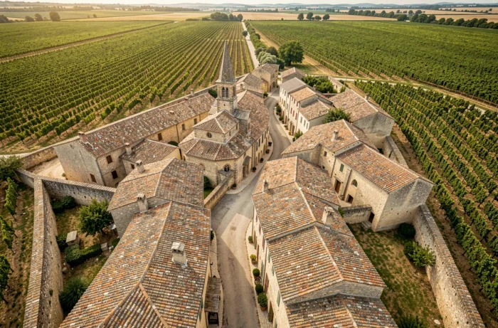 Vue aérienne d'un village charentais avec toits en tuiles, vignobles et clocher roman