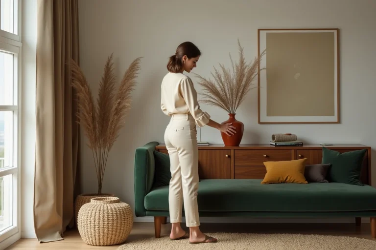 Femme élégante dans un salon moderne avec vase coloré